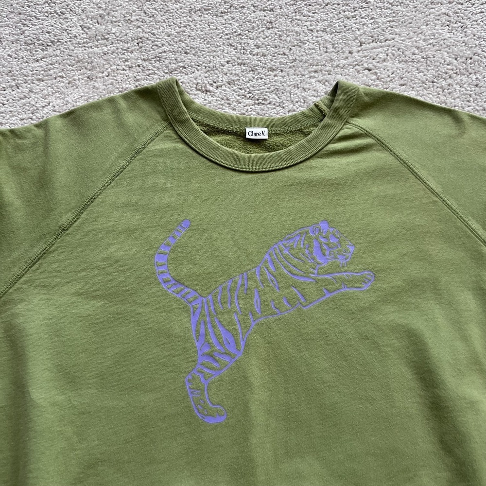 Clare V Tiger Graphic Sweatshirt Womens XL Green Terry Raglan Crewneck Pullover - Picture 7 of 15
